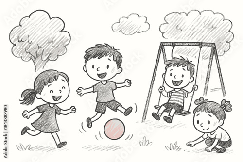 Playful kids at the park in sketch style with trees and swings