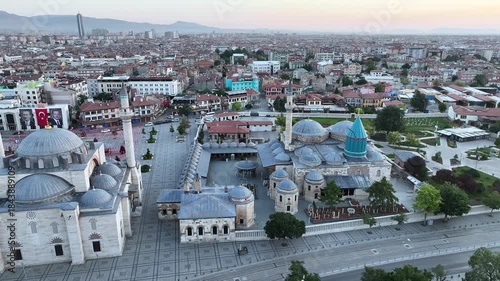 Aerial view of the Mevlana Museum and Sultan Selim Mosque in Konya city center. 