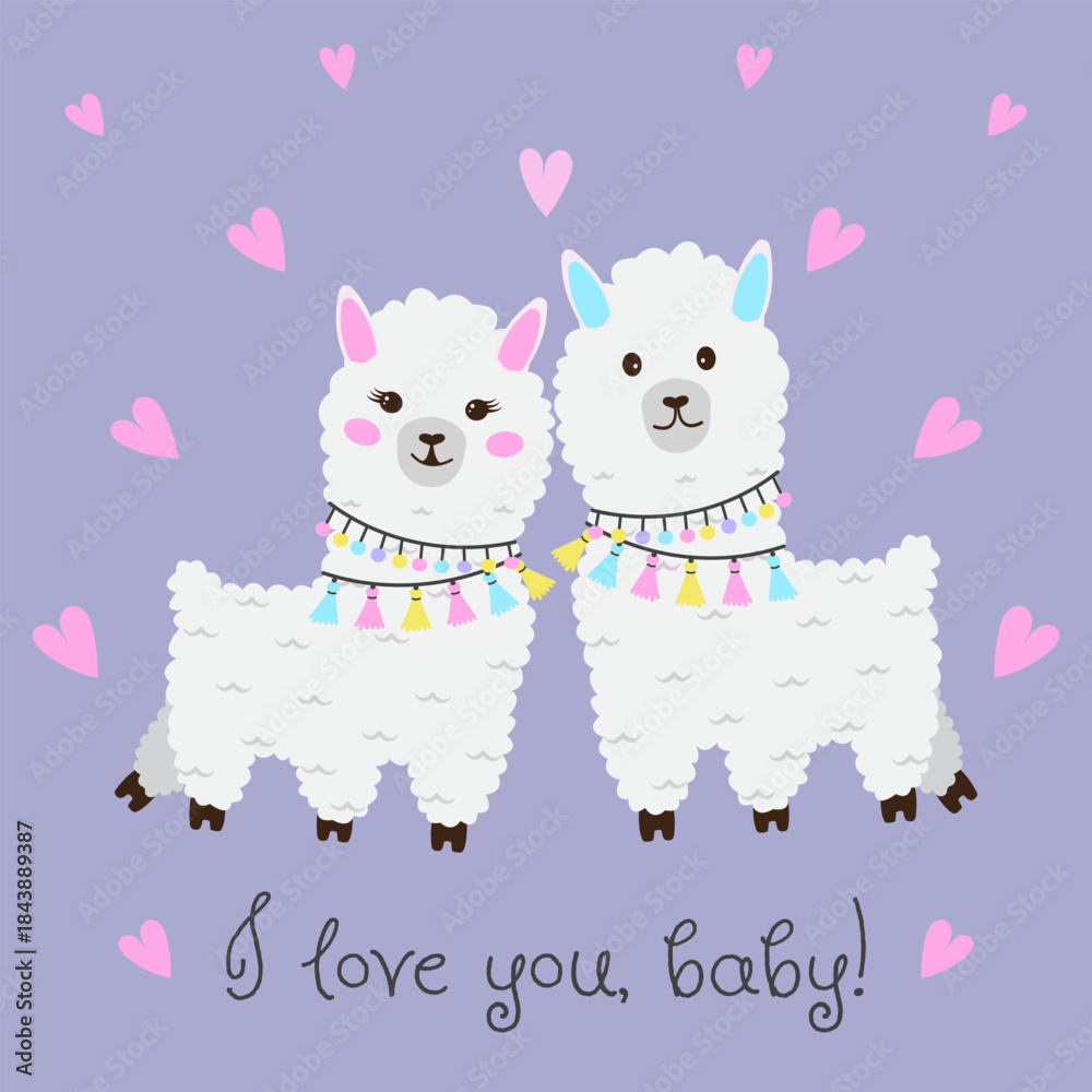 Obraz premium Love message, cute llamas, Valentine's Day card