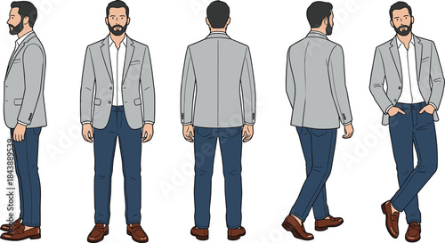 360-degree outfit illustration, smart casual fashion, male character poses, wardrobe styling reference, cad drawing flat vector illustration