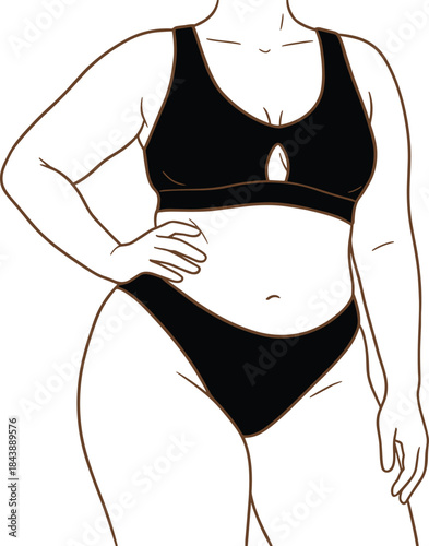 Body positive swimwear illustration, confident pose, black bikini design, fuller figure fashion, inclusive style, cad drawing flat vector illustration