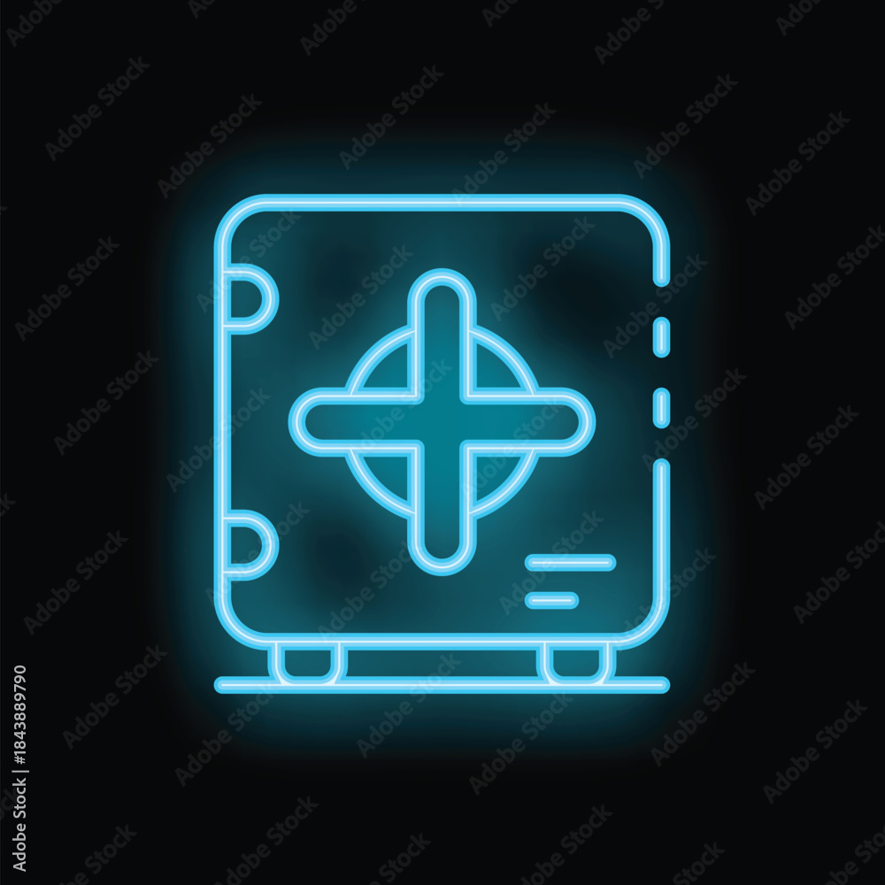 Obraz premium Glowing neon line medical first aid kit icon isolated on black background. Emergency medical box. Colorful outline concept. Vector illustration