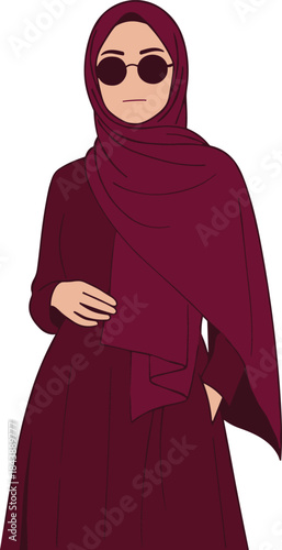 Hijab fashion illustration, maroon outfit style, modest wear pose, cultural elegance concept, cad drawing flat vector illustration