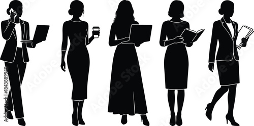 Professional silhouette illustration, business activity poses, office tasks, multitasking concept, career diversity, cad drawing flat vector illustration