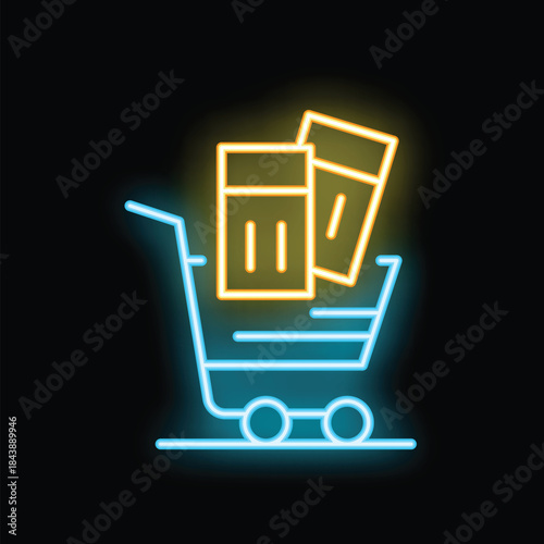 Glowing neon shopping cart icon with credit cards representing online payment and e commerce