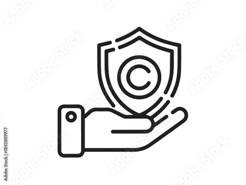 Copyright protection and intellectual property security concept with hand holding shield icon