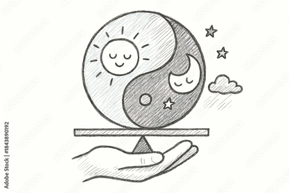 Obraz premium Hand drawn yin yang with sun and moon balancing on a hand