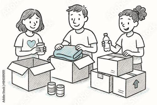 Community volunteers packing donations for charity in sketch style