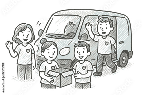 Community volunteers delivering donations in cartoon sketch style