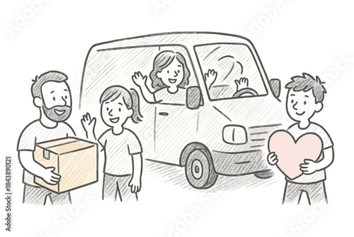 Community support: volunteers delivering with smiles and kindness in sketch style