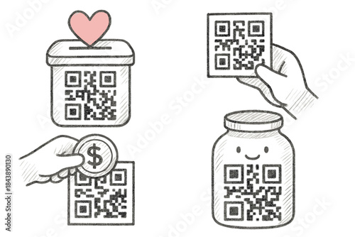 Hand-drawn qr codes for donations: heart, coin, and smiley jar designs