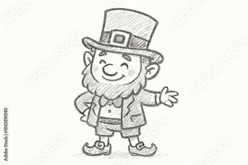 Charming sketch of happy leprechaun wearing hat and suit with beard