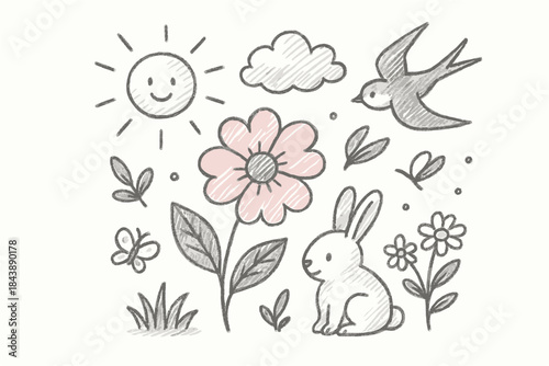 Charming hand drawn spring scene with bunny, bird, and flowers