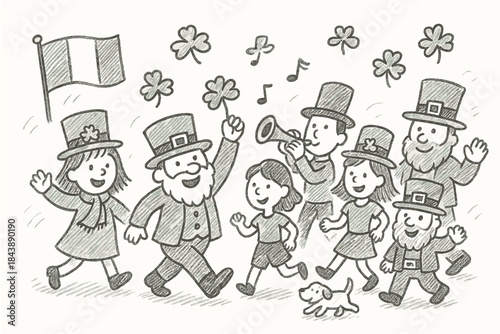 Cheerful parade with leprechauns and shamrocks in sketch style