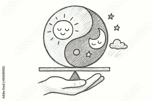 Hand drawn yin yang with sun and moon balancing on a hand