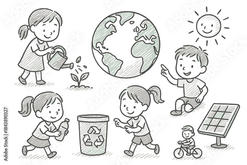 Sustainable world doodle: kids engaged in eco-friendly activities