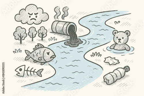 Hand-drawn environmental pollution scene with angry cloud and sad fish by contaminated river
