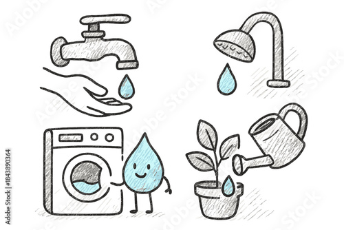 Hand drawn water conservation concept with tap, shower, and eco-friendly practices