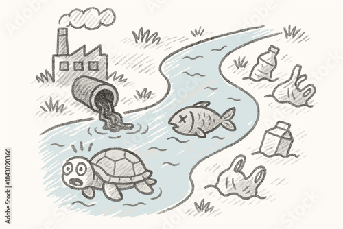 Pollution crisis: river contamination with dead fish and distressed turtle