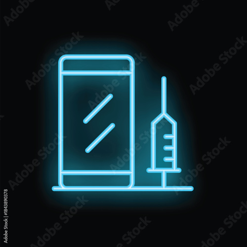 Neon blue icon of a smartphone being injected with a syringe on a black background