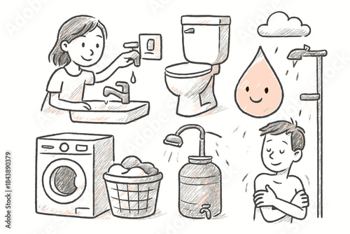 Chalk style water conservation icons: eco-friendly bathroom and laundry symbols
