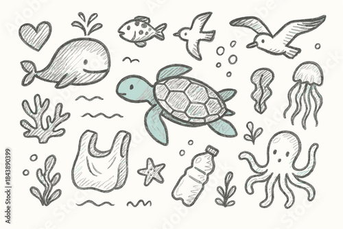 Cute ocean doodles: marine life and environmental awareness sketches