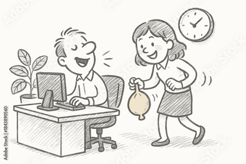 Playful office prank scene in sketch style with humorous characters
