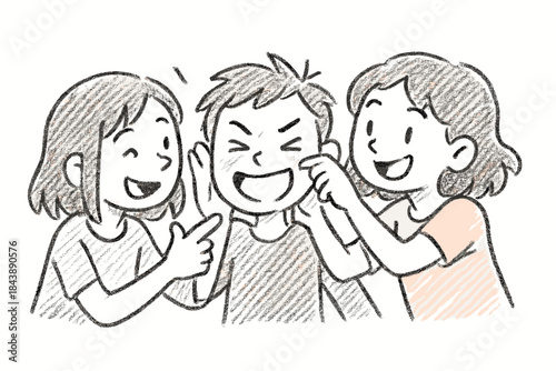 Playful friends enjoying happy moments in pencil sketch style art