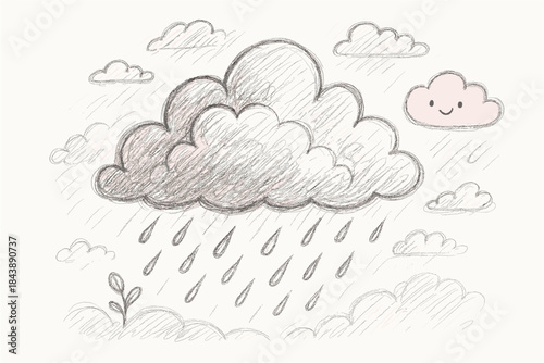 Hand drawn rainy day scene with cute clouds and raindrops