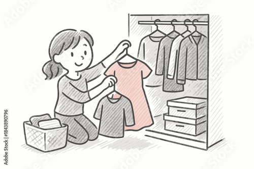 Woman organizing clothes in wardrobe: hand drawn style with casual outfits and wardrobe storage solutions