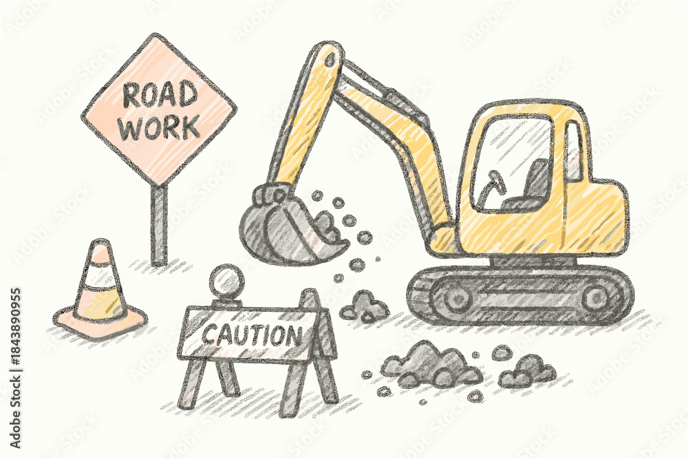 Naklejka premium Hand drawn construction site with excavator and road signs