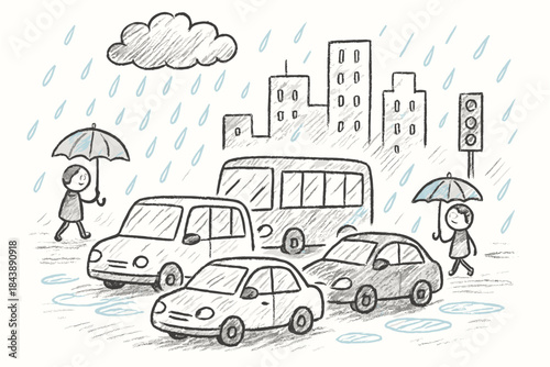 Rainy day in the city with cute sketched cars and pedestrians