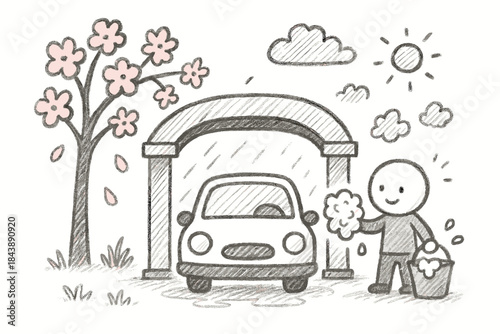 Whimsical sketch of car washing with cheerful character and blossoming tree