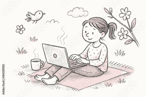 Charming sketch of a young girl with laptop relaxing outdoors