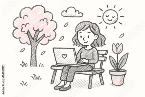 Hand-drawn relaxed woman working on laptop outdoors in spring park