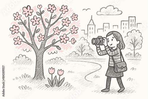 Charming hand-drawn sketch of a photographer in a spring park setting with blooming trees