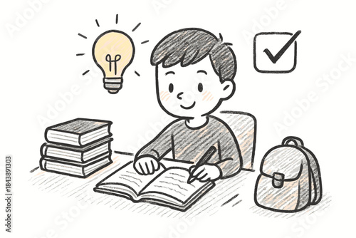 Child studying at desk with books and backpack in doodle style