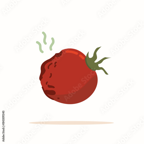 Rotten tomato illustration in flat style, disease-carrying food isolated. Moldy piece of trash. Leftover food