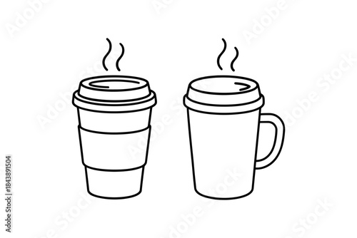 Minimalist line art coffee cups with steam on white background