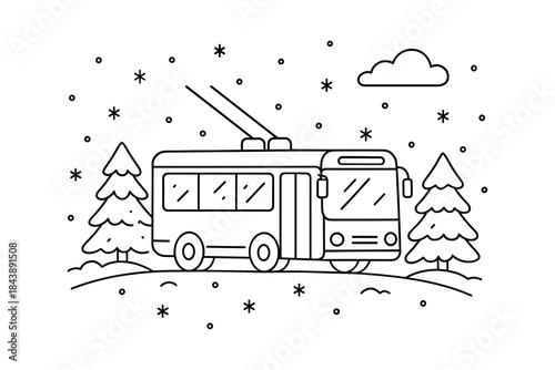 Winter trolleybus in snowy landscape with pine trees and cloud in linear style