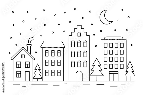 Minimalist winter cityscape with snowfall and crescent moon