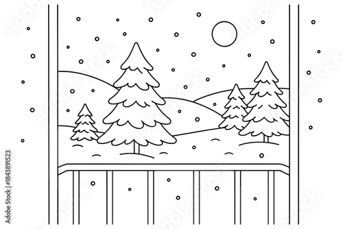 Minimalist winter landscape with pine trees and snowy hillsides under a starry sky