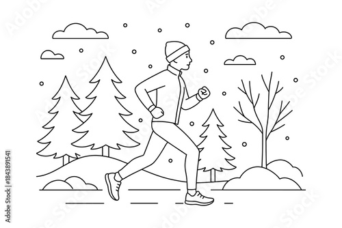 Winter jogging in the park: line art style depicting outdoor fitness in snowy forest