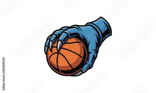 Blue Claw Hand Holding a Basketball On White Background.