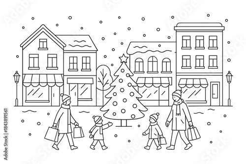 Winter city stroll: families enjoy snowy streets and holiday shopping