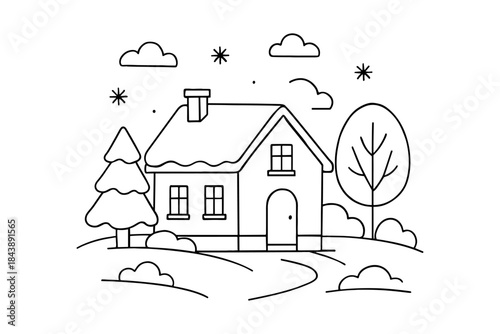 Cozy winter cottage in simple black and white line art with snowy landscape