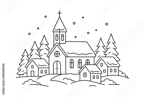 Winter church landscape with snow and pine trees in linear style