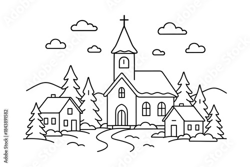 Charming linear village scene with church and houses in nature setting