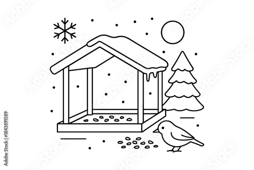 Winter bird feeder with snowflakes and pine tree in minimalistic outline