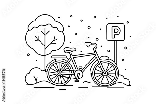 Linear bicycle at parking in snowy winter scene with tree and falling snowflakes